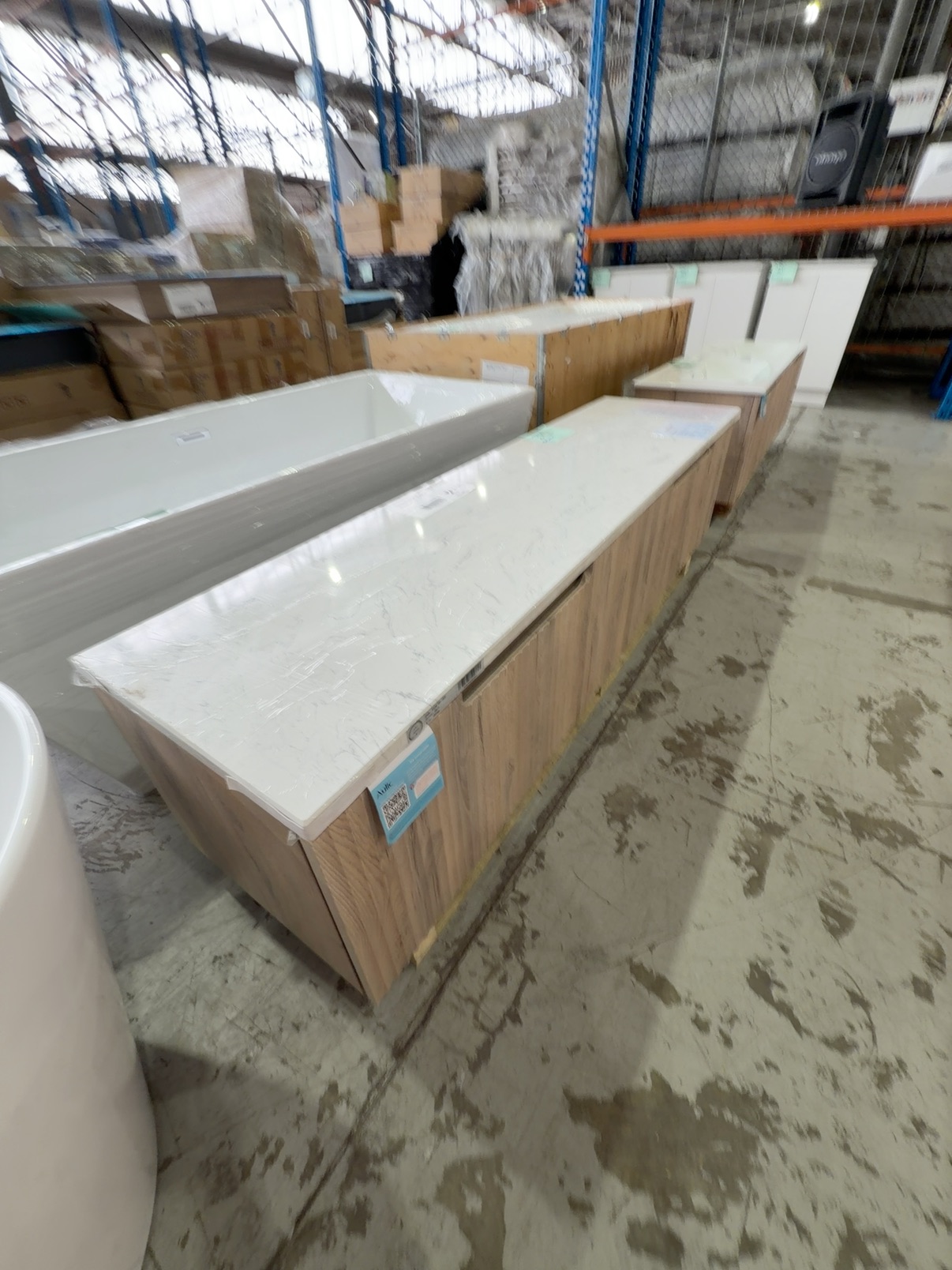 NEW AULIC CALDER 1800MM DOUBLE BOWL WALL HUNG VANITY, NATURAL OAK WAVE GROOVE FINISH, WITH CATO FLAT STONE TOP RRP$3019 CAWH44-1800D-ST26FT NEW AULIC CALDER 1800MM DOUBLE BOWL WALL HUNG VANITY, NATURAL OAK WAVE GROOVE FINISH, WITH CATO FLAT STONE TOP RRP$3019 CAWH44-1800D-ST26FT