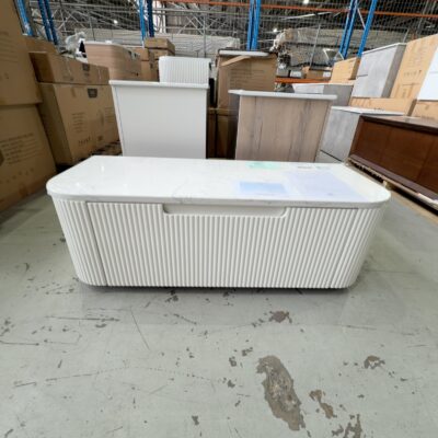 NEW AULIC PETRA MARK II 1200MM WALL HUNG VANITY, CURVED MATTE WHITE V GROOVE PROFILE, SINGLE DRAWER, WITH CATO FLAT STONE TOP RRP$2409 CAWH46-1200-ST26FT NEW AULIC PETRA MARK II 1200MM WALL HUNG VANITY, CURVED MATTE WHITE V GROOVE PROFILE, SINGLE DRAWER, WITH CATO FLAT STONE TOP RRP$2409 CAWH46-1200-ST26FT