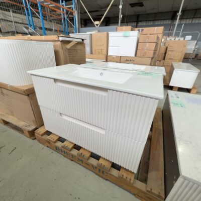 NEW AULIC NEVA 900MM WALL HUNG VANITY, MATTE WHITE GROOVE FINISH, TWO DRAWERS, WITH CRYSTAL CERAMIC VANITY TOP RRP$1135 CAWH49-900-CT28 NEW AULIC NEVA 900MM WALL HUNG VANITY, MATTE WHITE GROOVE FINISH, TWO DRAWERS, WITH CRYSTAL CERAMIC VANITY TOP RRP$1135 CAWH49-900-CT28