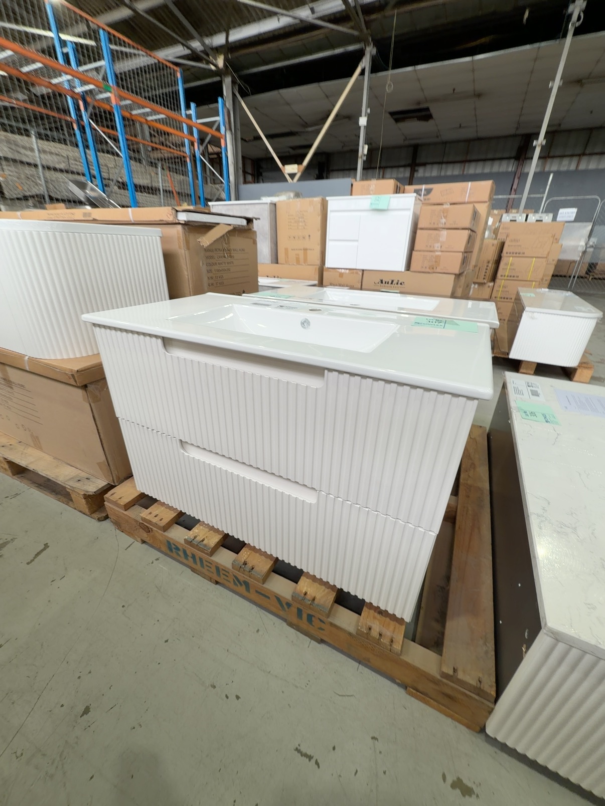 NEW AULIC NEVA 900MM WALL HUNG VANITY, MATTE WHITE GROOVE FINISH, TWO DRAWERS, WITH CRYSTAL CERAMIC VANITY TOP RRP$1135 CAWH49-900-CT28 NEW AULIC NEVA 900MM WALL HUNG VANITY, MATTE WHITE GROOVE FINISH, TWO DRAWERS, WITH CRYSTAL CERAMIC VANITY TOP RRP$1135 CAWH49-900-CT28