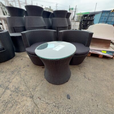 EX HIRE, SET OF 2 BLACK RATTAN CHAIRS WITH COFFEE TABLE, SOLD AS IS EX HIRE, SET OF 2 BLACK RATTAN CHAIRS WITH COFFEE TABLE, SOLD AS IS