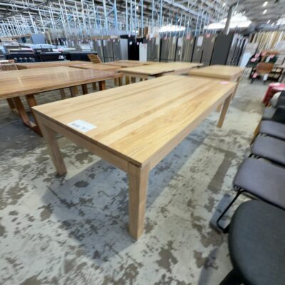 EX DISPLAY ELWOOD 25000MM NATURAL MESSMATE TIMBER DINING TABLE, SOLD AS IS