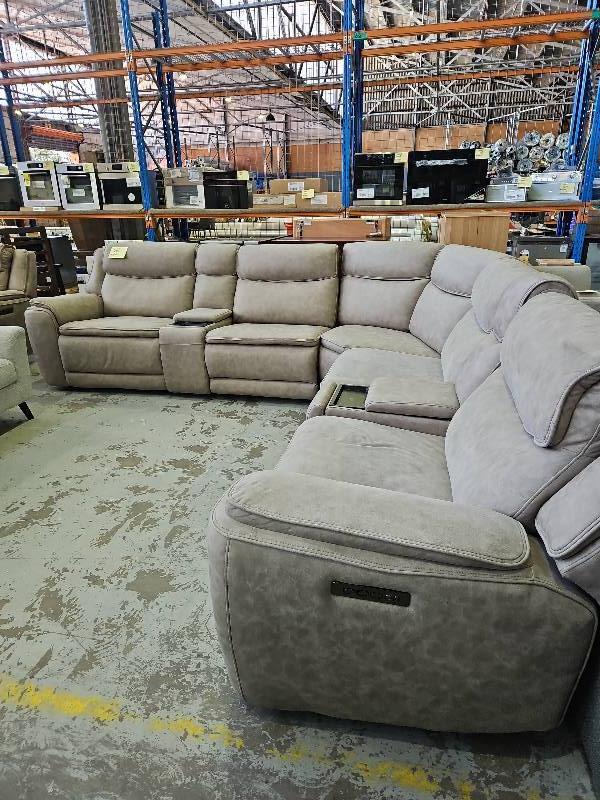 BOND LATTE FABRIC CORNER LOUNGE SUITE, WITH 2 STORAGE & TECH CONSOLES, WITH 3 ELECTRIC RECLINERS & POWERED HEAD RESTS, SOLD AS IS BOND LATTE FABRIC CORNER LOUNGE SUITE, WITH 2 STORAGE & TECH CONSOLES, WITH 3 ELECTRIC RECLINERS & POWERED HEAD RESTS, SOLD AS IS