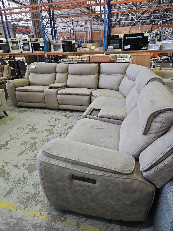 BOND LATTE FABRIC CORNER LOUNGE SUITE, WITH 2 STORAGE & TECH CONSOLES, WITH 3 ELECTRIC RECLINERS & POWERED HEAD RESTS, SOLD AS IS BOND LATTE FABRIC CORNER LOUNGE SUITE, WITH 2 STORAGE & TECH CONSOLES, WITH 3 ELECTRIC RECLINERS & POWERED HEAD RESTS, SOLD AS IS