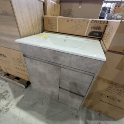 NEW AULIC LOLA 750MM FLOOR VANTIY, CONCRETE GREY WITH DRAWERS RIGHT, WITH CRYSTAL CERAMIC VANITY TOP RRP$969 CA11-750R-CT28