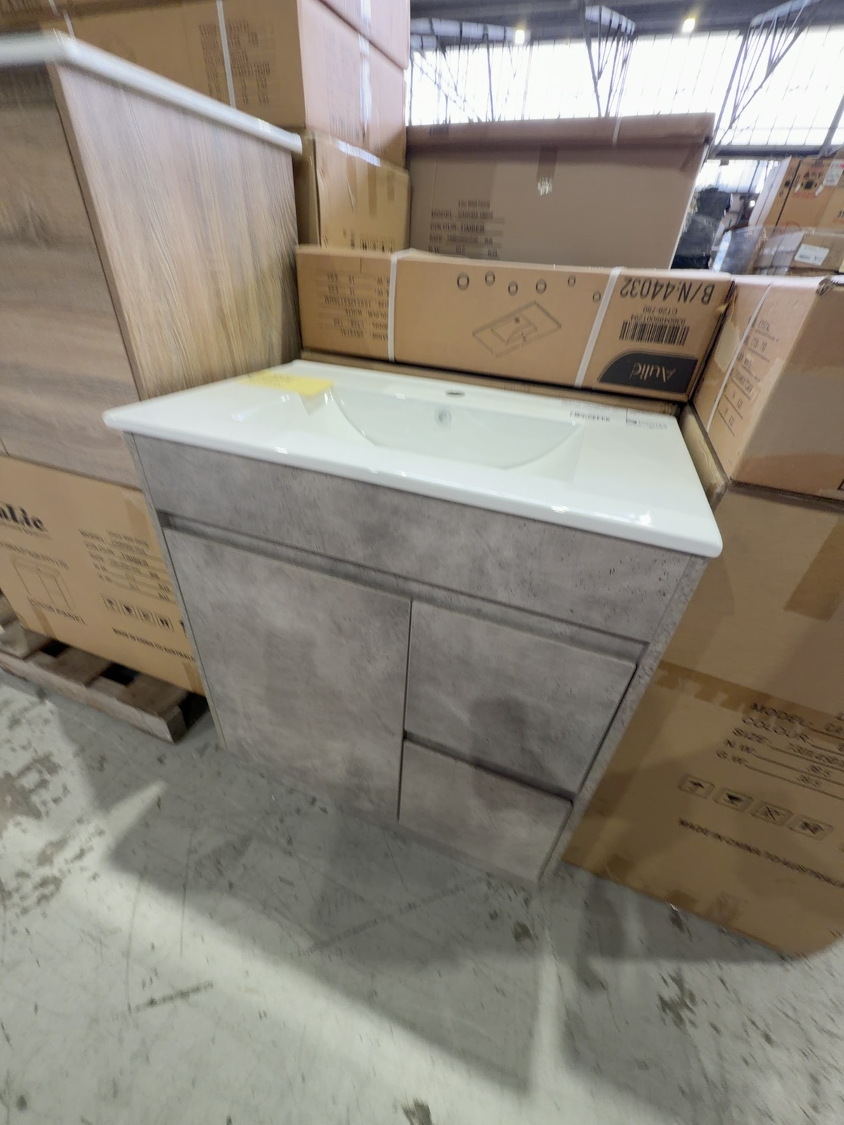 NEW AULIC LOLA 750MM FLOOR VANTIY, CONCRETE GREY WITH DRAWERS RIGHT, WITH CRYSTAL CERAMIC VANITY TOP RRP$969 CA11-750R-CT28 NEW AULIC LOLA 750MM FLOOR VANTIY, CONCRETE GREY WITH DRAWERS RIGHT, WITH CRYSTAL CERAMIC VANITY TOP RRP$969 CA11-750R-CT28