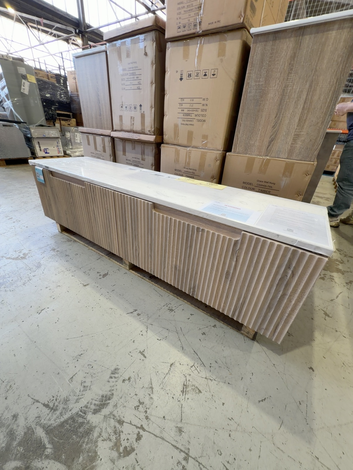 NEW AULIC CALDER 1800MM DOUBLE BOWL WALL HUNG VANITY, FLUTED TIMBER WITH CATO FLAT STONE TOP RRP$3019 NEW AULIC CALDER 1800MM DOUBLE BOWL WALL HUNG VANITY, FLUTED TIMBER WITH CATO FLAT STONE TOP RRP$3019