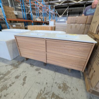 NEW AULIC VENETTA FRAMED HAREST OAK 1500MM DOUBLE BOWL WALL HUNG VANITY, WITH CRYSTAL CERAMIC VANITY TOP RRP$3000 NEW AULIC VENETTA FRAMED HAREST OAK 1500MM DOUBLE BOWL WALL HUNG VANITY, WITH CRYSTAL CERAMIC VANITY TOP RRP$3000