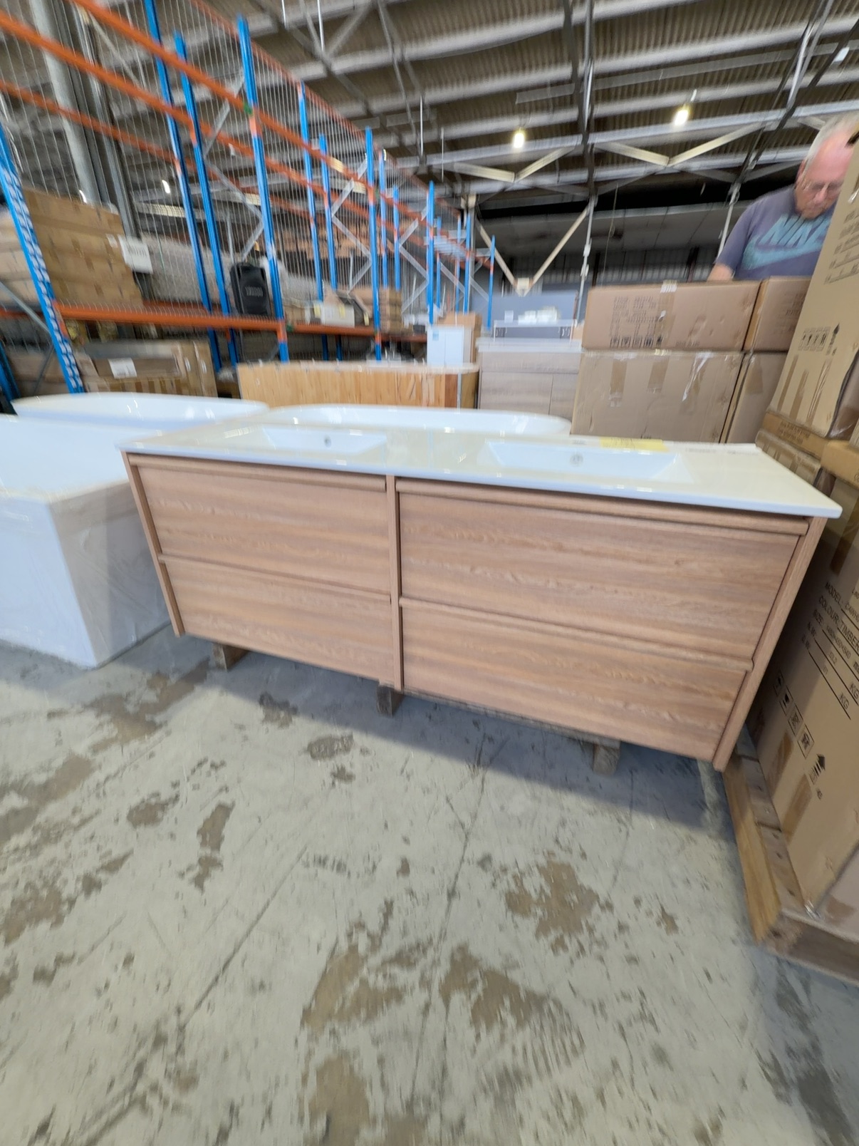 NEW AULIC VENETTA FRAMED HAREST OAK 1500MM DOUBLE BOWL WALL HUNG VANITY, WITH CRYSTAL CERAMIC VANITY TOP RRP$3000 NEW AULIC VENETTA FRAMED HAREST OAK 1500MM DOUBLE BOWL WALL HUNG VANITY, WITH CRYSTAL CERAMIC VANITY TOP RRP$3000