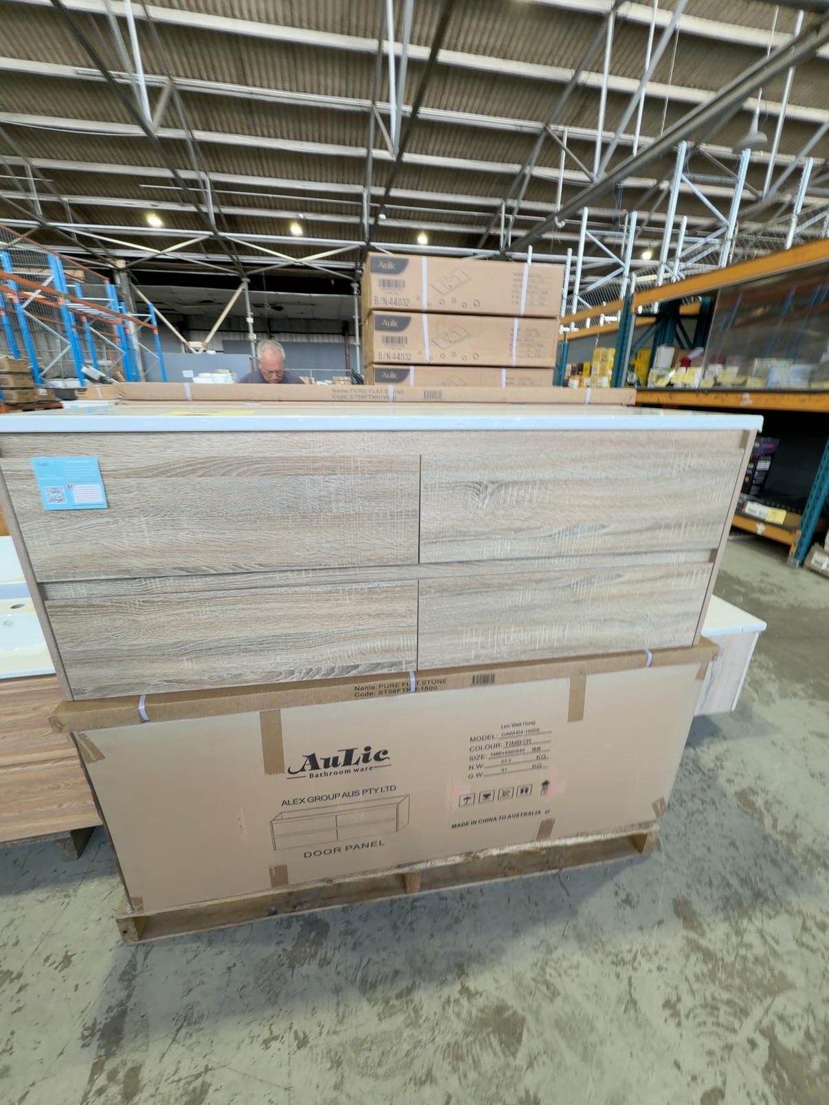 NEW LEO 1500MM SINGLE BOWL WALL HUNG VANITY, TIMBER LOOK FINISH WITH PURE FLAT STONE TOP RRP$2323 CAWH04-1500S-ST56FT NEW LEO 1500MM SINGLE BOWL WALL HUNG VANITY, TIMBER LOOK FINISH WITH PURE FLAT STONE TOP RRP$2323 CAWH04-1500S-ST56FT