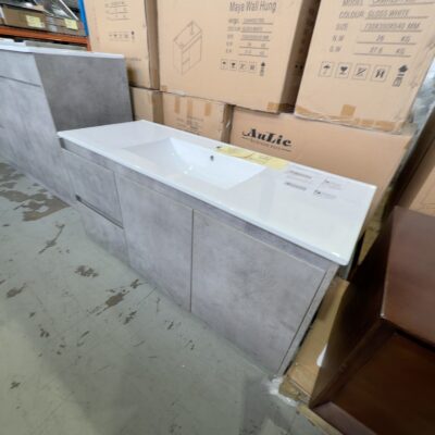 NEW AULIC LOLA CONCRETE GREY WALL HUNG 1200MM VANITY, DRAWERS LEFT, WITH CERAMIC TOP RRP$1465 CAWH11-1200L-CT28 NEW AULIC LOLA CONCRETE GREY WALL HUNG 1200MM VANITY, DRAWERS LEFT, WITH CERAMIC TOP RRP$1465 CAWH11-1200L-CT28