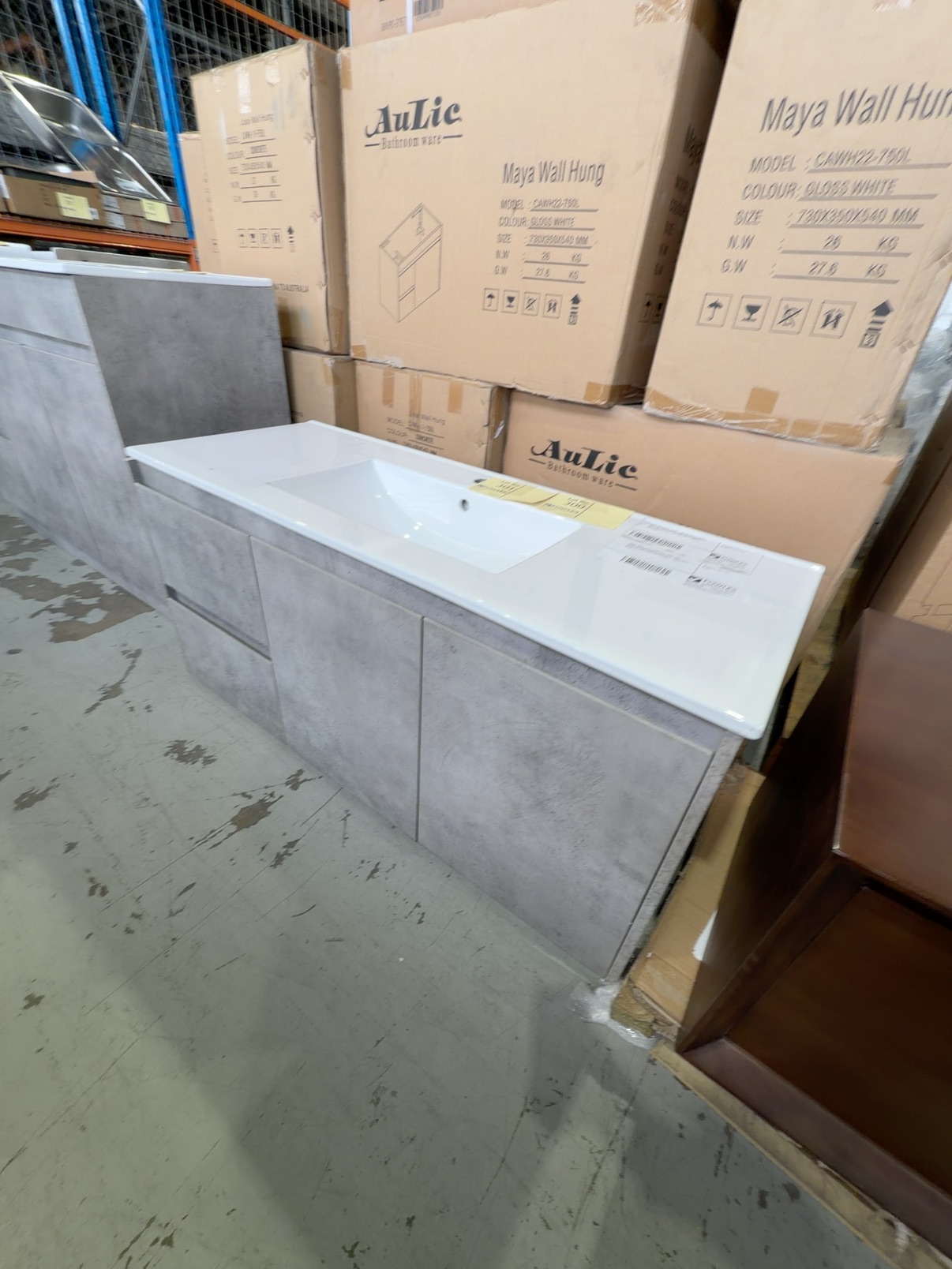 NEW AULIC LOLA CONCRETE GREY WALL HUNG 1200MM VANITY, DRAWERS LEFT, WITH CERAMIC TOP RRP$1465 CAWH11-1200L-CT28 NEW AULIC LOLA CONCRETE GREY WALL HUNG 1200MM VANITY, DRAWERS LEFT, WITH CERAMIC TOP RRP$1465 CAWH11-1200L-CT28