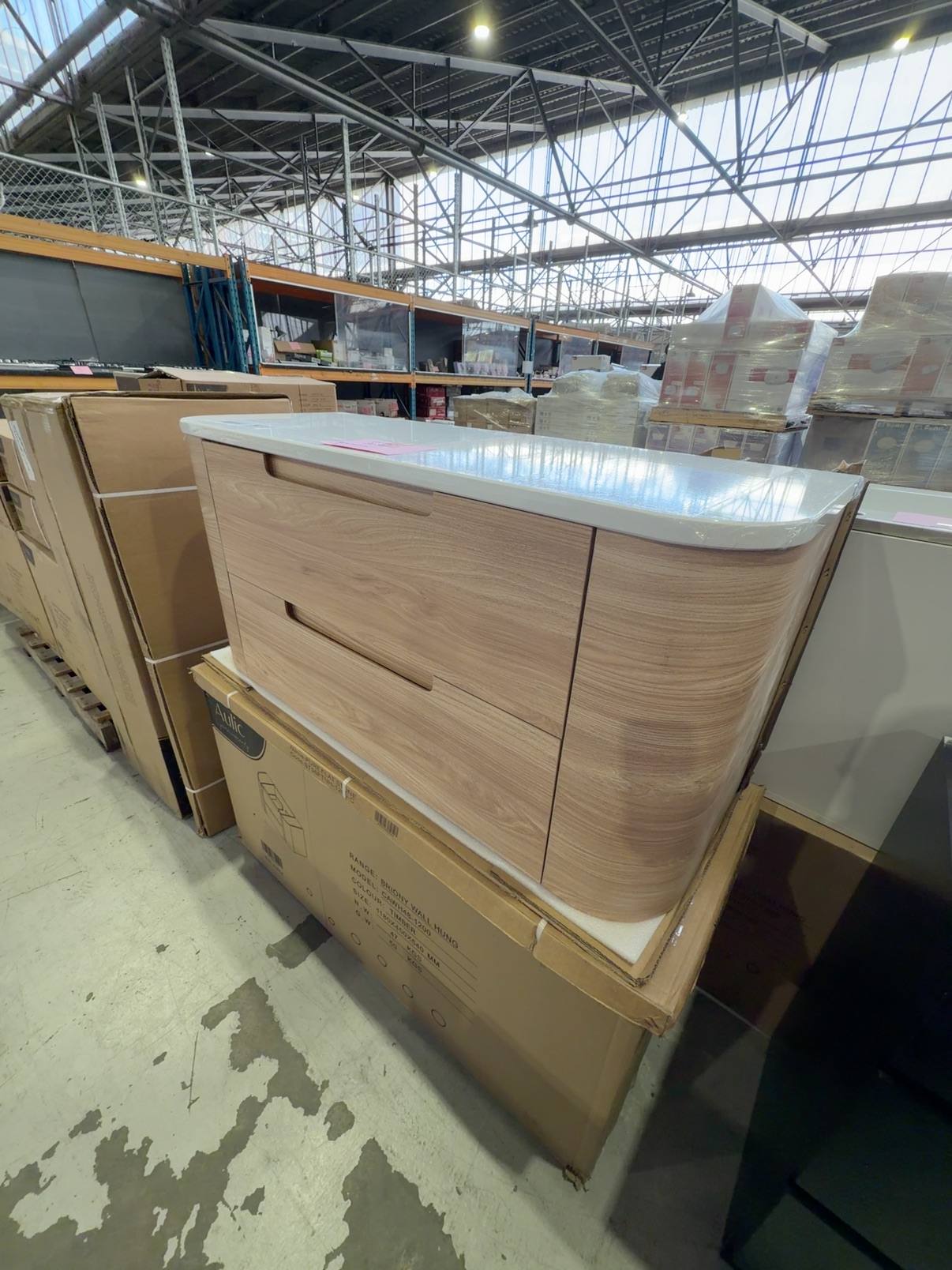 NEW 1200MM BRIONY WALL HUNG CURVED TIMBER VANITY WITH PURE FLAT STONE TOP CAWH48-1200-ST56FT RRP$2779 NEW 1200MM BRIONY WALL HUNG CURVED TIMBER VANITY WITH PURE FLAT STONE TOP CAWH48-1200-ST56FT RRP$2779
