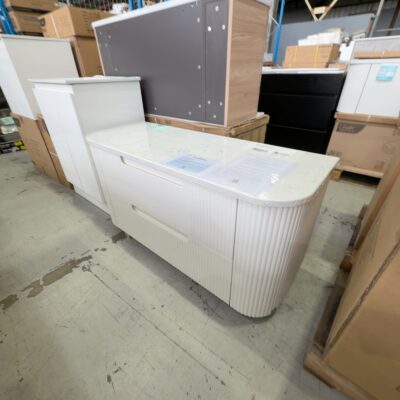 NEW AULIC CURVA 1200MM WALL HUNG VANITY, CURVED MATTE WHITE FLUTED PROFILE, 2 DRAWERS, WITH CATO FLAT STONE TOP RRP$3155 CAWH46-1200-ST26FT NEW AULIC CURVA 1200MM WALL HUNG VANITY, CURVED MATTE WHITE FLUTED PROFILE, 2 DRAWERS, WITH CATO FLAT STONE TOP RRP$3155 CAWH46-1200-ST26FT