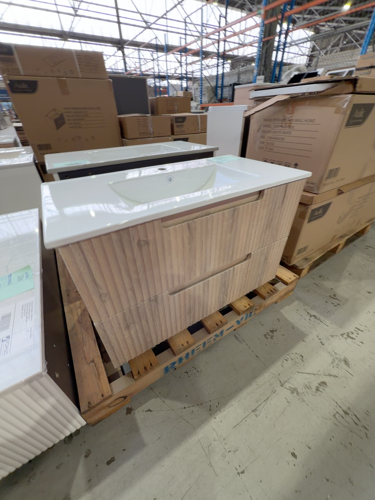 NEW AULIC TUSCANA 900MM WALL HUNG VANITY, WOOD GRAIN WAVE GROOVE FINISH, TWO DRAWERS, WITH CRYSTAL CERAMIC VANITY TOP RRP$1885 CAWH42-900-CT28 NEW AULIC TUSCANA 900MM WALL HUNG VANITY, WOOD GRAIN WAVE GROOVE FINISH, TWO DRAWERS, WITH CRYSTAL CERAMIC VANITY TOP RRP$1885 CAWH42-900-CT28