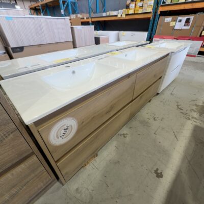 NEW AULIC MAX 1500MM DOUBLE BOWL WALL HUNG VANITY, TIMBER LOOK FINISH WITH CRYSTAL CERAMIC VANITY TOP RRP$2790 CAWH10-1500D-CT28 NEW AULIC MAX 1500MM DOUBLE BOWL WALL HUNG VANITY, TIMBER LOOK FINISH WITH CRYSTAL CERAMIC VANITY TOP RRP$2790 CAWH10-1500D-CT28