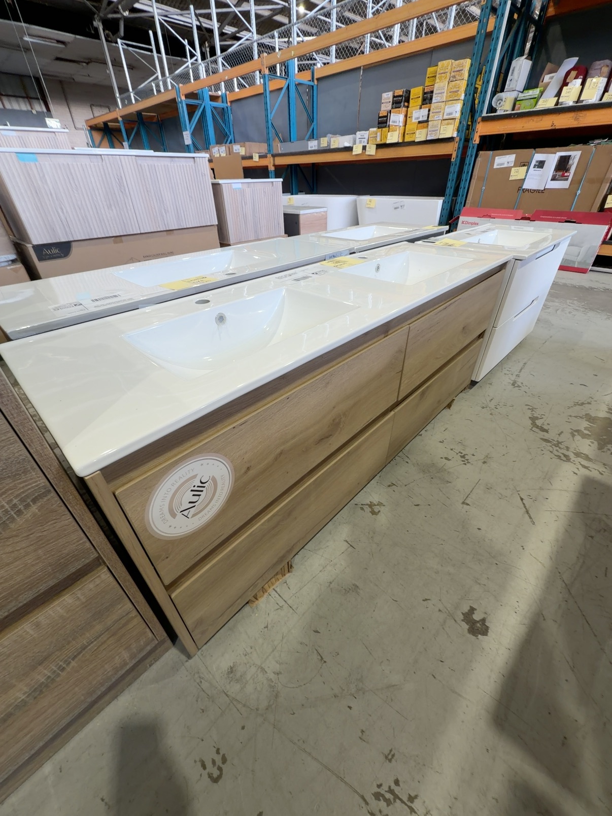 NEW AULIC MAX 1500MM DOUBLE BOWL WALL HUNG VANITY, TIMBER LOOK FINISH WITH CRYSTAL CERAMIC VANITY TOP RRP$2790 CAWH10-1500D-CT28 NEW AULIC MAX 1500MM DOUBLE BOWL WALL HUNG VANITY, TIMBER LOOK FINISH WITH CRYSTAL CERAMIC VANITY TOP RRP$2790 CAWH10-1500D-CT28