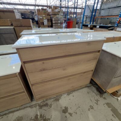 NEW AULIC MAX 900MM FLOOR VANITY, TIMBER LOOK FINISH WITH CRYSTAL CERAMIC VANITY TOP RRP$1065 CA10-900-CT28 NEW AULIC MAX 900MM FLOOR VANITY, TIMBER LOOK FINISH WITH CRYSTAL CERAMIC VANITY TOP RRP$1065 CA10-900-CT28