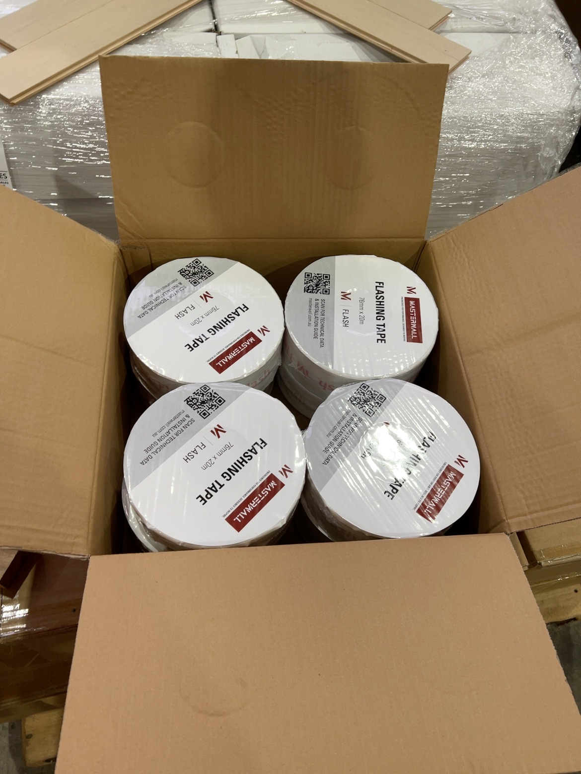 76X20M BUTYL FLASHING TAPE MASTERWALL BRANDED- (10 BOXES X 8 ROLLS) 76X20M BUTYL FLASHING TAPE MASTERWALL BRANDED- (10 BOXES X 8 ROLLS)