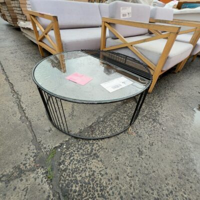 EX STAGING- ROUND BLACK WIRE COFFEE TABLE WITH GLASS TOP, SOLD AS IS EX STAGING- ROUND BLACK WIRE COFFEE TABLE WITH GLASS TOP, SOLD AS IS