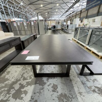 NEW ADLEY DINING TABLE, AMERICAN ASH WITH JAPAN BLACK STAIN, HERRINGBONE DESIGN, 2500MM NEW ADLEY DINING TABLE, AMERICAN ASH WITH JAPAN BLACK STAIN, HERRINGBONE DESIGN, 2500MM
