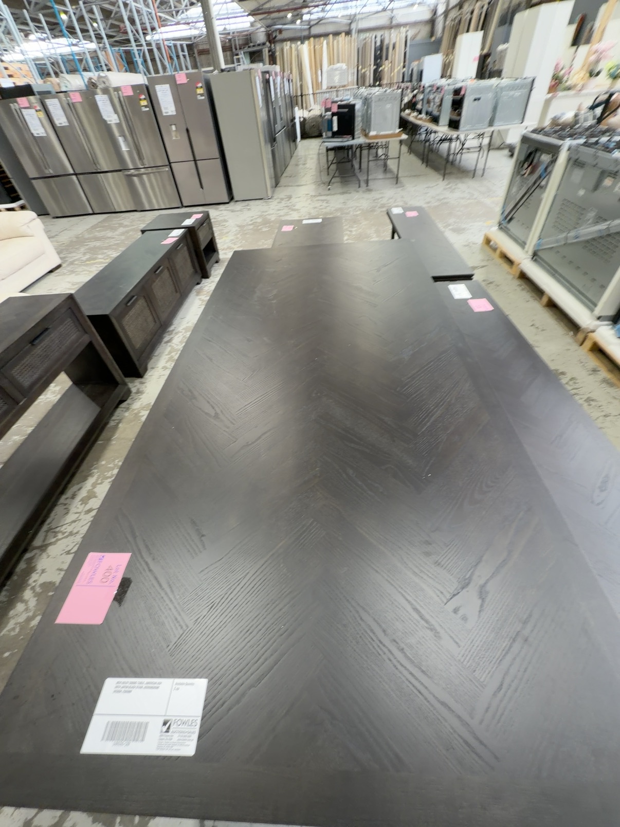 NEW ADLEY DINING TABLE, AMERICAN ASH WITH JAPAN BLACK STAIN, HERRINGBONE DESIGN, 2500MM NEW ADLEY DINING TABLE, AMERICAN ASH WITH JAPAN BLACK STAIN, HERRINGBONE DESIGN, 2500MM