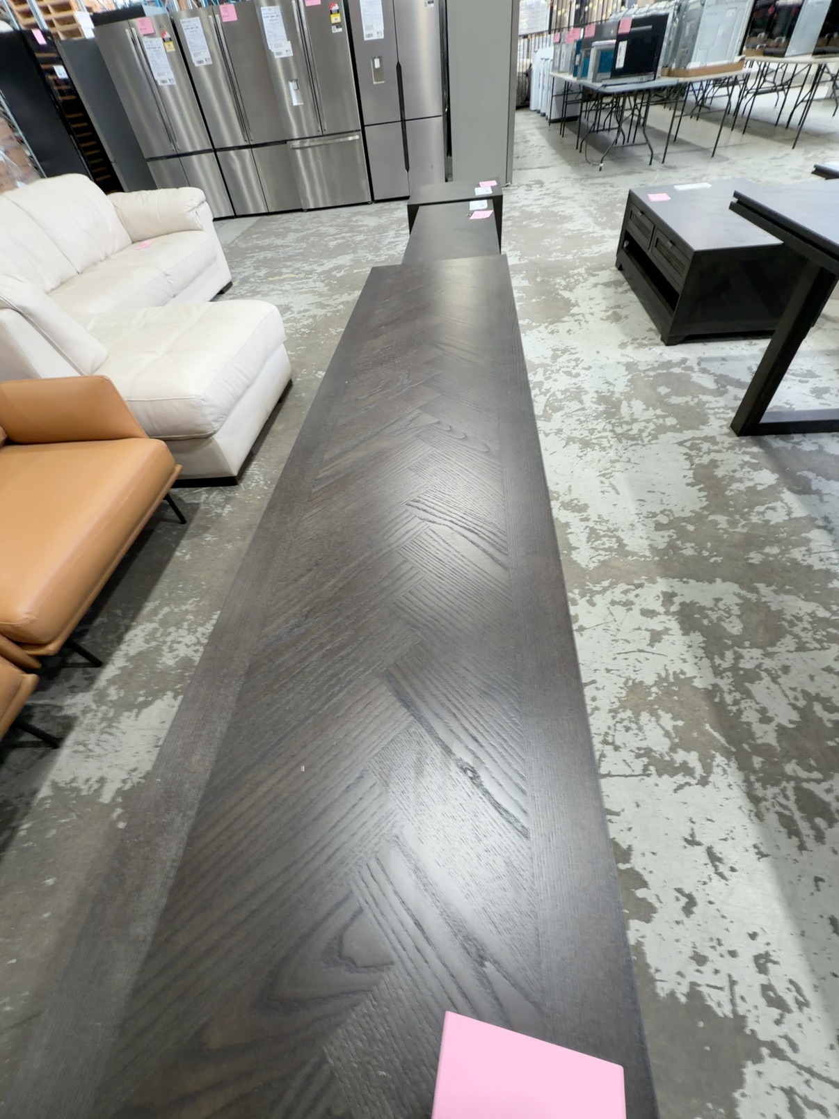 NEW ADLEY CONSOLE TABLE 2000MM, AMERICAN ASH WITH JAPAN BLACK STAIN, HERRINGBONE DESIGN NEW ADLEY CONSOLE TABLE 2000MM, AMERICAN ASH WITH JAPAN BLACK STAIN, HERRINGBONE DESIGN