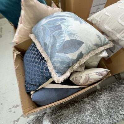BOX OF ASSORTED EX STAGING CUSHIONS, SOLD AS IS BOX OF ASSORTED EX STAGING CUSHIONS, SOLD AS IS