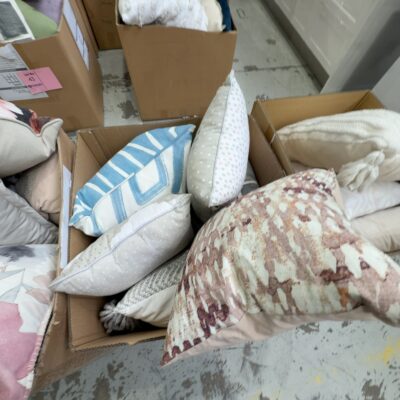 BOX OF ASSORTED EX STAGING CUSHIONS, SOLD AS IS BOX OF ASSORTED EX STAGING CUSHIONS, SOLD AS IS