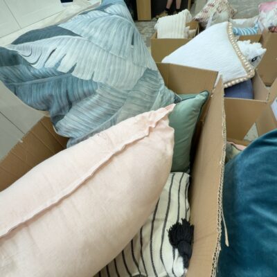 BOX OF ASSORTED STAGING DESIGNER CUSHIONS, SOLD AS IS BOX OF ASSORTED STAGING DESIGNER CUSHIONS, SOLD AS IS