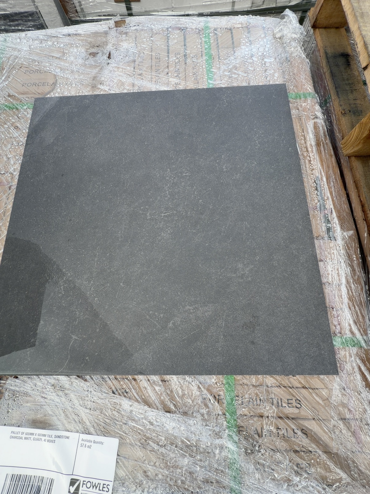 PALLET OF 600MM X 600MM TILE, SANDSTONE CHARCOAL MATT, CL6629, 40 BOXES PALLET OF 600MM X 600MM TILE, SANDSTONE CHARCOAL MATT, CL6629, 40 BOXES