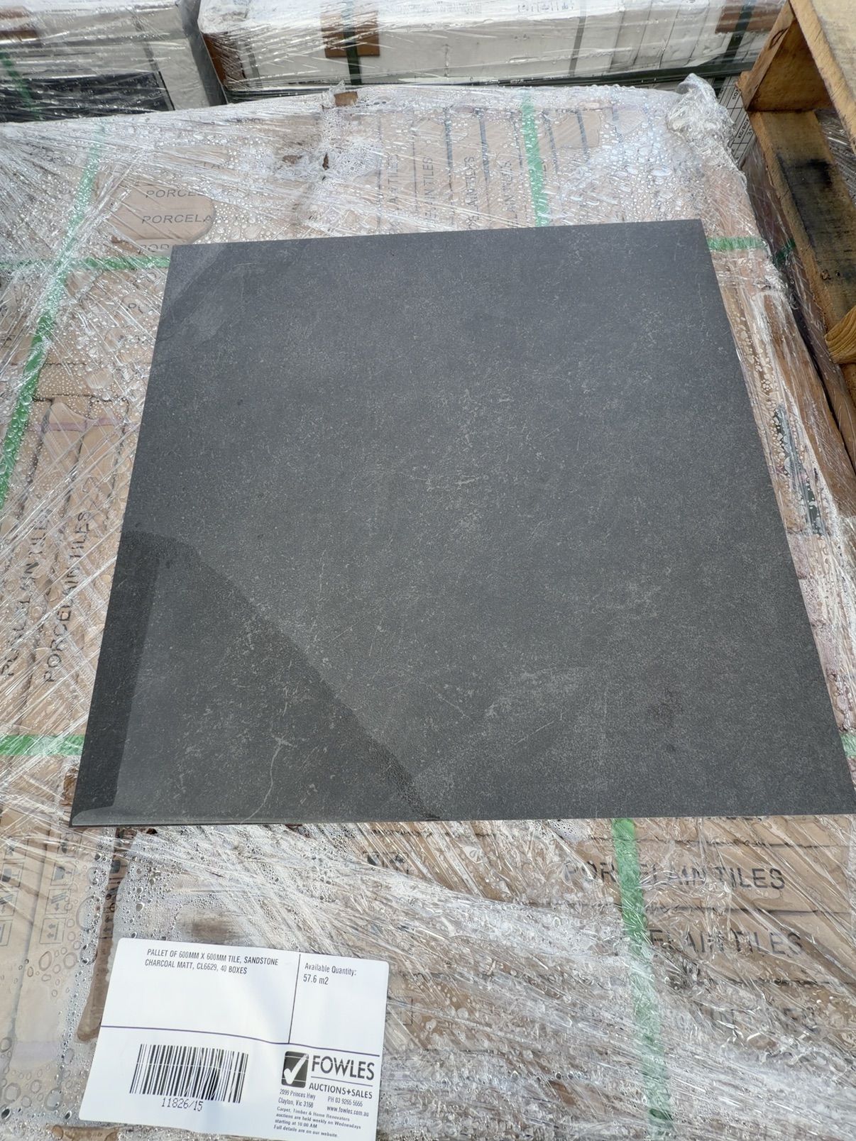 PALLET OF 600MM X 600MM TILE, SANDSTONE CHARCOAL MATT, CL6629, 40 BOXES PALLET OF 600MM X 600MM TILE, SANDSTONE CHARCOAL MATT, CL6629, 40 BOXES
