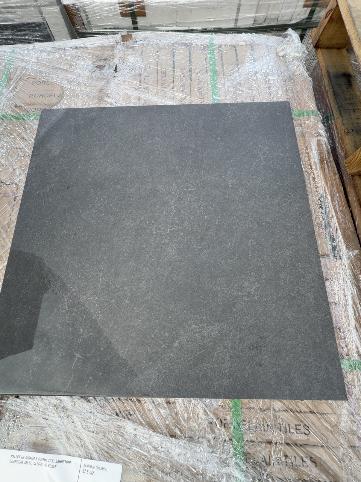 PALLET OF 600MM X 600MM TILE, SANDSTONE CHARCOAL MATT, CL6629, 24 BOXES PALLET OF 600MM X 600MM TILE, SANDSTONE CHARCOAL MATT, CL6629, 24 BOXES