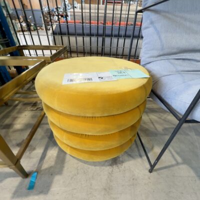 EX STAGING - GOLD VELVET ROUND OTTOMAN, SOLD AS IS EX STAGING - GOLD VELVET ROUND OTTOMAN, SOLD AS IS