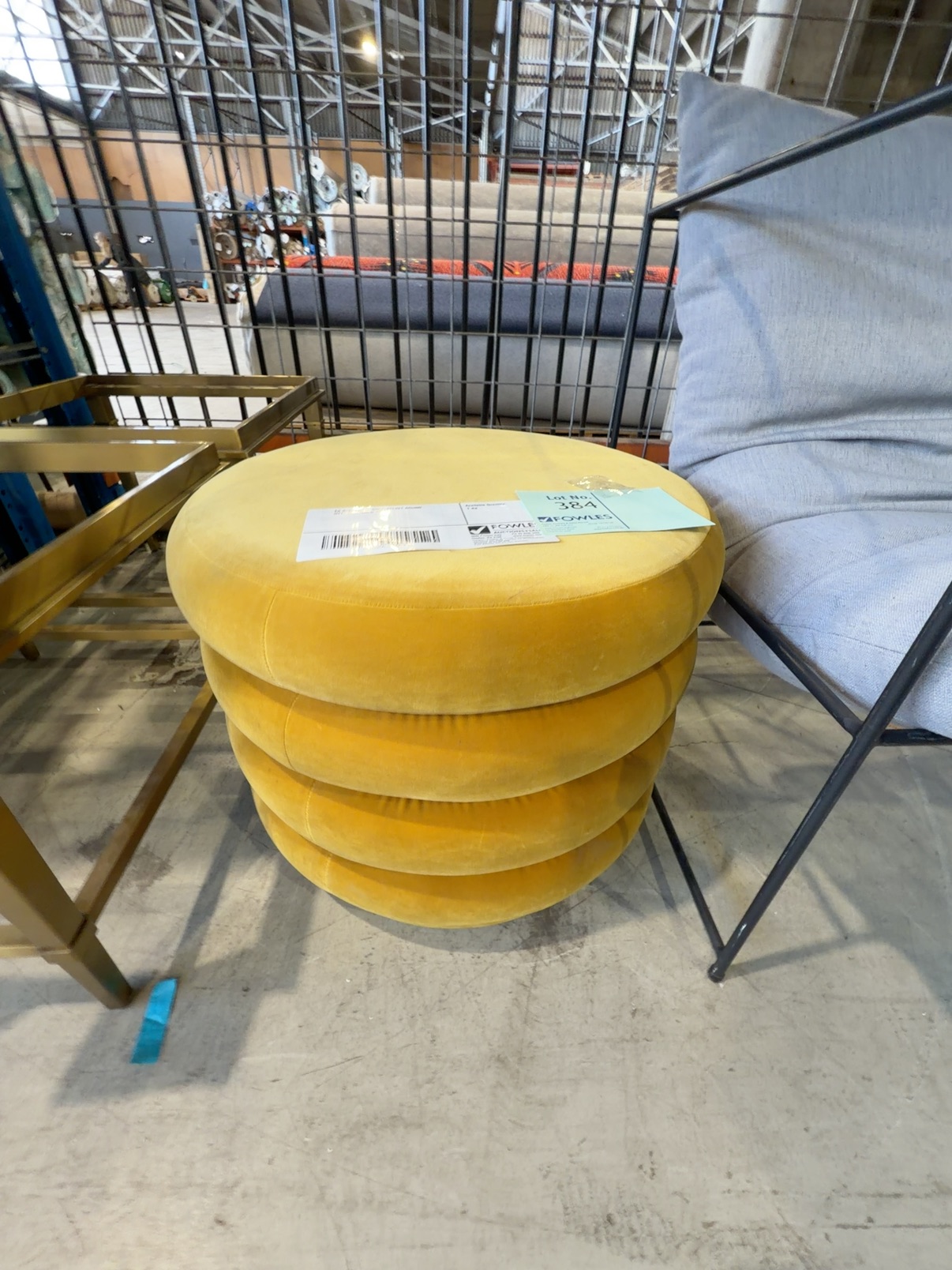 EX STAGING - GOLD VELVET ROUND OTTOMAN, SOLD AS IS EX STAGING - GOLD VELVET ROUND OTTOMAN, SOLD AS IS