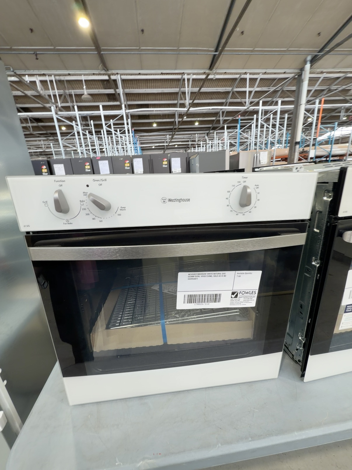 NEWWESTINGHOUSE WHITE NATURAL GAS 600MM OVEN, WVG613WNG, SOLD AS IS NO WARRANTY NEWWESTINGHOUSE WHITE NATURAL GAS 600MM OVEN, WVG613WNG, SOLD AS IS NO WARRANTY