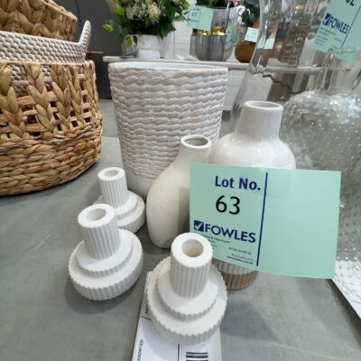 EX STAGING - LOT OF 6 WHITE ASSORTED DECORATOR ITEMS, SOLD AS IS EX STAGING - LOT OF 6 WHITE ASSORTED DECORATOR ITEMS, SOLD AS IS