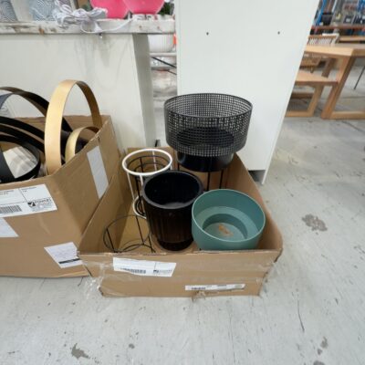 EX STAGING - BOX OF ASSORTED PLANT POTS & STANDS ETC SOLD AS IS EX STAGING - BOX OF ASSORTED PLANT POTS & STANDS ETC SOLD AS IS