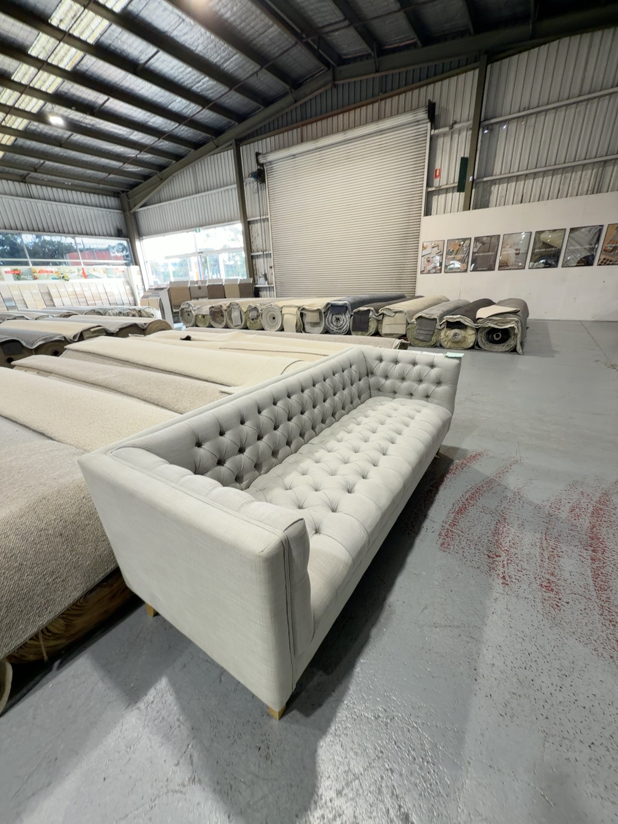 EX STAGING - LIGHT GREY BUTTON UPHOLSTERED 3 SEATER COUCH, SOLD AS IS EX STAGING - LIGHT GREY BUTTON UPHOLSTERED 3 SEATER COUCH, SOLD AS IS