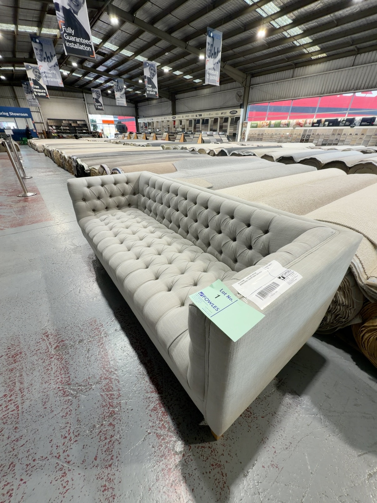 EX STAGING - LIGHT GREY BUTTON UPHOLSTERED 3 SEATER COUCH, SOLD AS IS EX STAGING - LIGHT GREY BUTTON UPHOLSTERED 3 SEATER COUCH, SOLD AS IS
