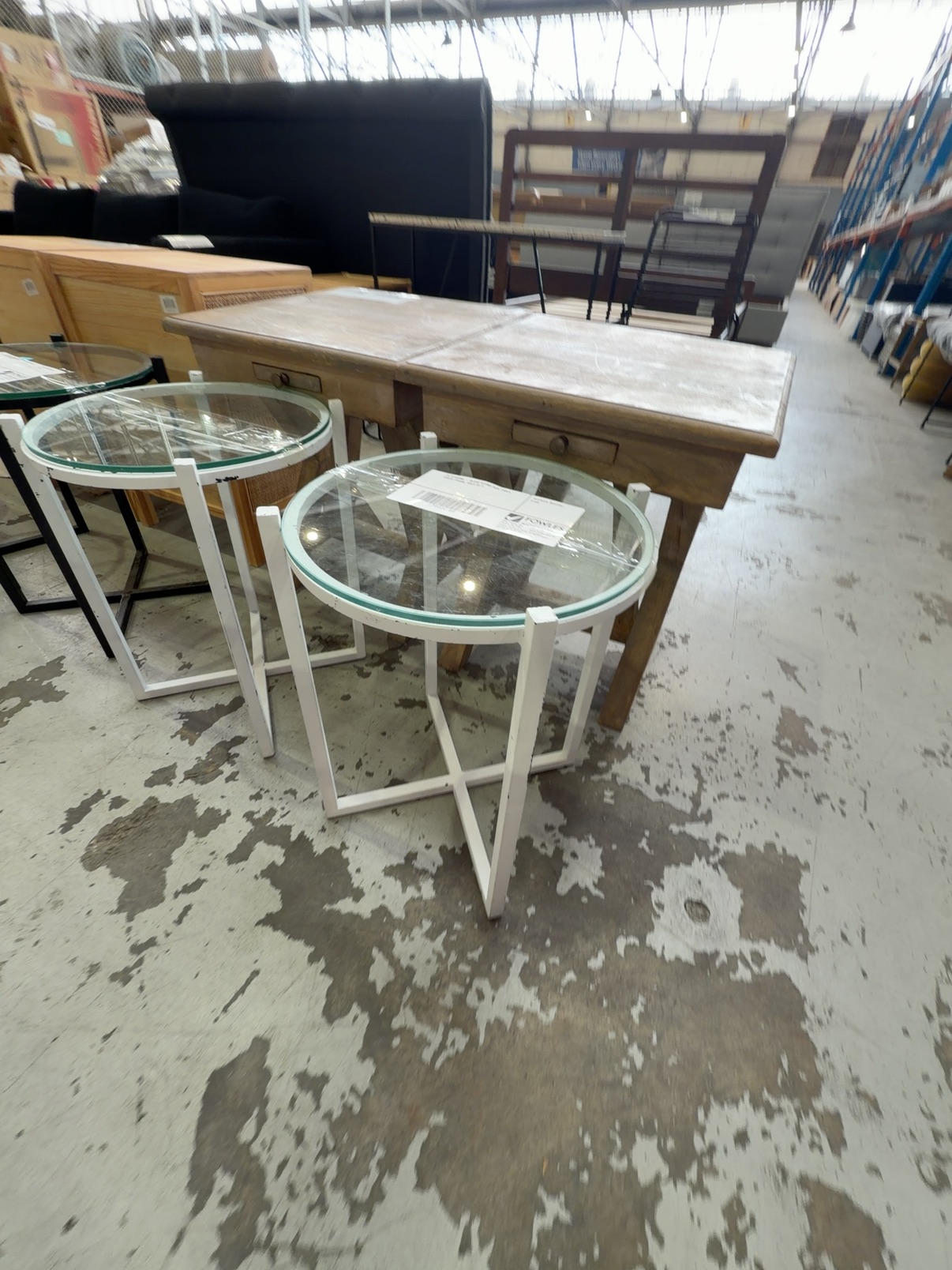 EX STAGING - GLASS ROUND SIDE TABLE, WHITE FRAME, SOLD AS IS EX STAGING - GLASS ROUND SIDE TABLE, WHITE FRAME, SOLD AS IS