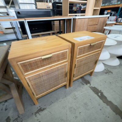 EX STAGING - TIMBER/RATTAN BEDSIDE TABLE SOLD AS IS EX STAGING - TIMBER/RATTAN BEDSIDE TABLE SOLD AS IS