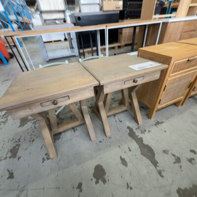 EX STAGING - TIMBER CROSSLEG BEDSIDE TABLE SOLD AS IS EX STAGING - TIMBER CROSSLEG BEDSIDE TABLE SOLD AS IS