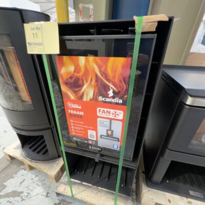 EX DISPLAY SCANDIA FRAAM SHEER WOOD HEATER WITH WOOD BOX, HEATS UP TO 210M2 WITH 3 SPEED FAN, RRP$2199 SG0021-25-0197 3 MONTHS WARRANTY