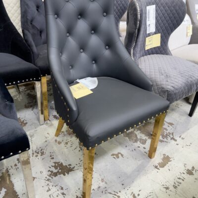 EX SHOWROOM - PROVENCE BLACK LEATHER DINING CHAIR WITH GOLD LEGS AND GOLD LIONS HEAD ON BACK, SOLD AS IS