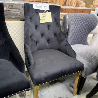 EX SHOWROOM - PROVENCE BLACK VELVET DINING CHAIR WITH GOLD LEGS AND GOLD LIONS HEAD ON BACK, SOLD AS IS