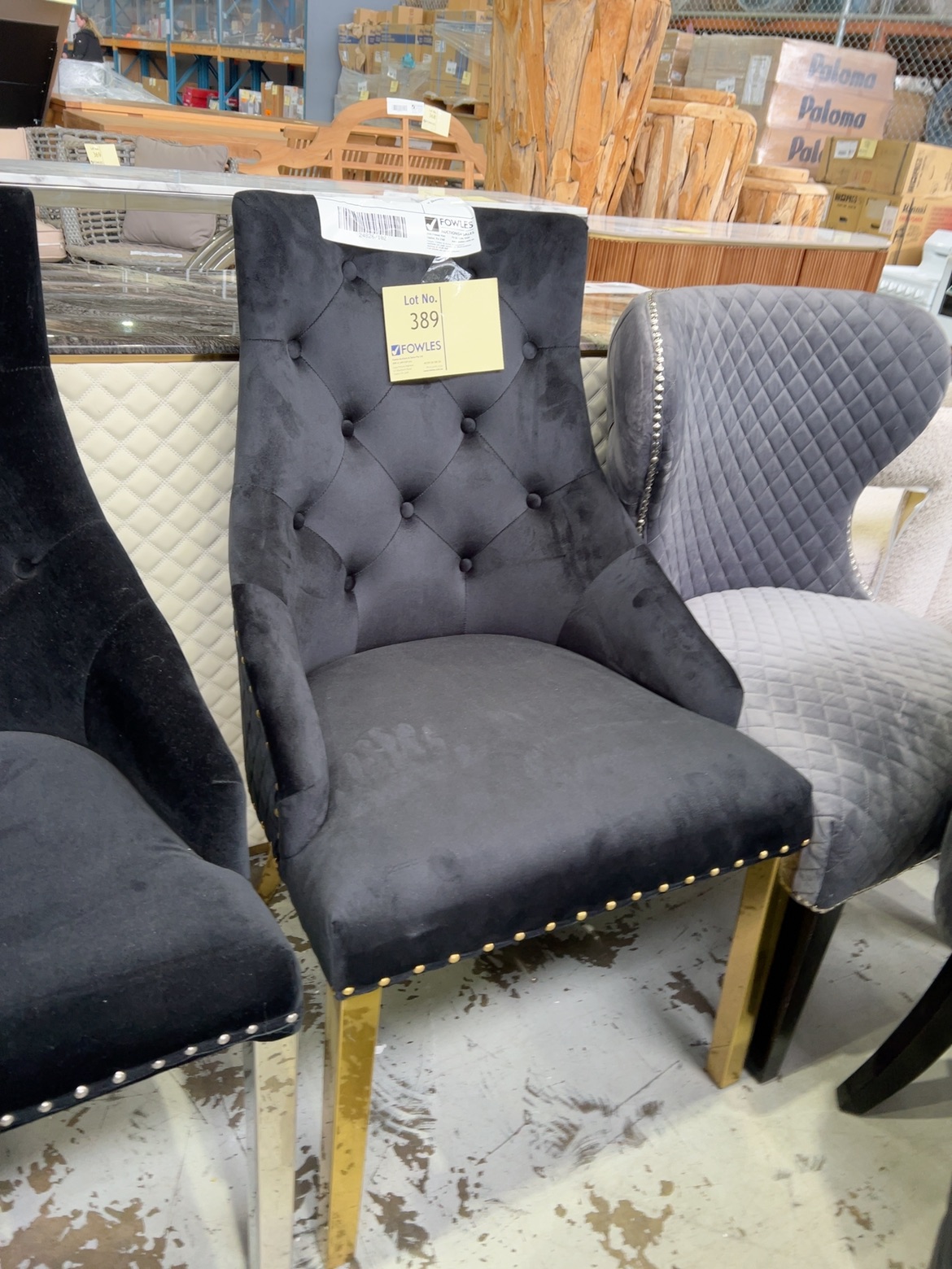 EX SHOWROOM - PROVENCE BLACK VELVET DINING CHAIR WITH GOLD LEGS AND GOLD LIONS HEAD ON BACK, SOLD AS IS EX SHOWROOM - PROVENCE BLACK VELVET DINING CHAIR WITH GOLD LEGS AND GOLD LIONS HEAD ON BACK, SOLD AS IS