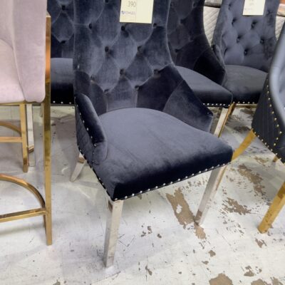 EX SHOWROOM - PROVENCE BLACK VELVET DINING CHAIR WITH SILVER LEGS AND SILVER LIONS HEAD ON BACK, SOLD AS IS
