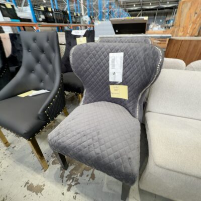EX SHOWROOM - LAUREL GREY VELVET DINING CHAIR, QUILTED UPHOLSTERY WITH STUD DETAIL, BUTTON BACK, SOLD AS IS