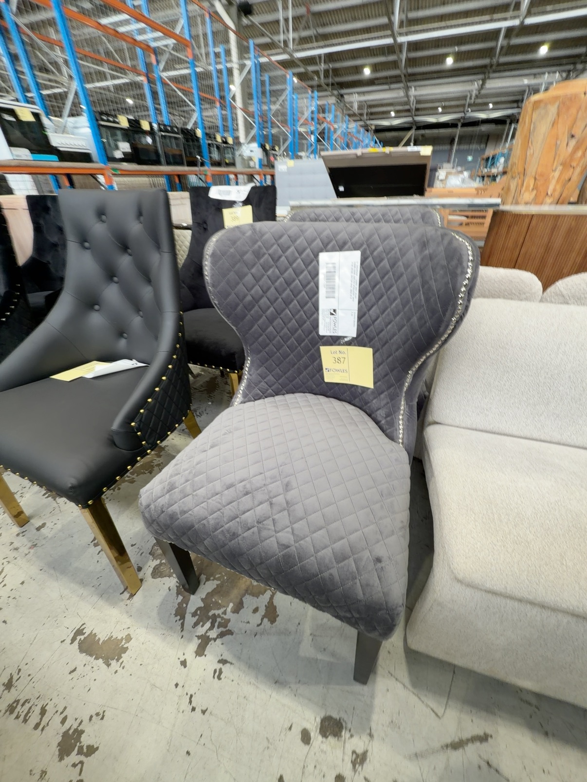 EX SHOWROOM - LAUREL GREY VELVET DINING CHAIR, QUILTED UPHOLSTERY WITH STUD DETAIL, BUTTON BACK, SOLD AS IS EX SHOWROOM - LAUREL GREY VELVET DINING CHAIR, QUILTED UPHOLSTERY WITH STUD DETAIL, BUTTON BACK, SOLD AS IS